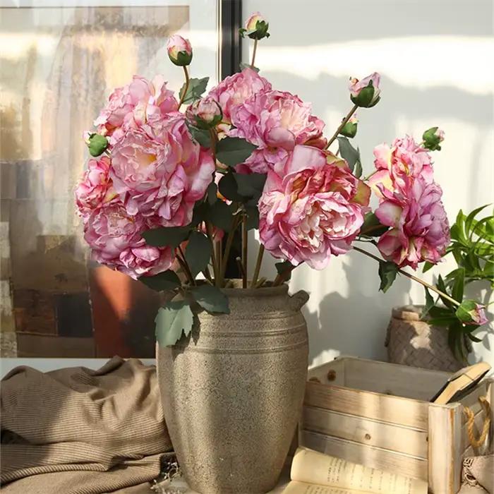 Luxe longue branche peinture à l'huile pivoine Rose fleurs en soie