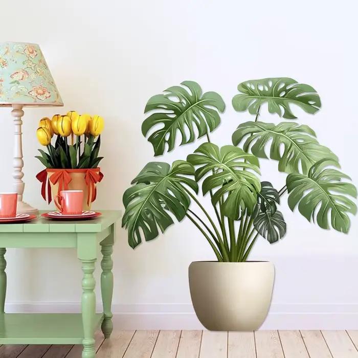 Autocollant mural 3D en vinyle, Pot de plante verte, décoratif pour bureau, salle de bains, salon, décoration de la maison, papier peint imperméable