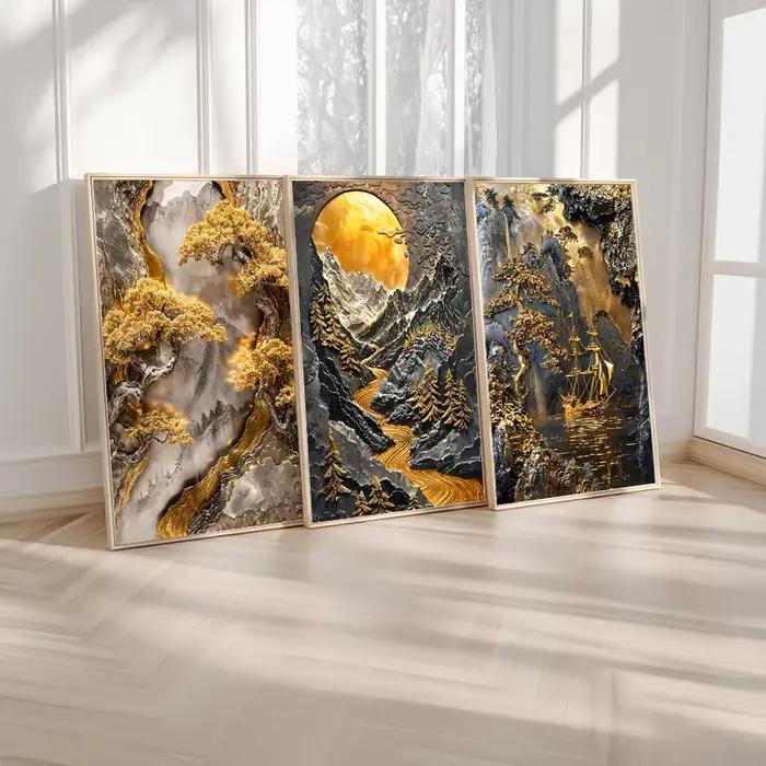 Toile de peinture abstraite d'arbre doré et de lune