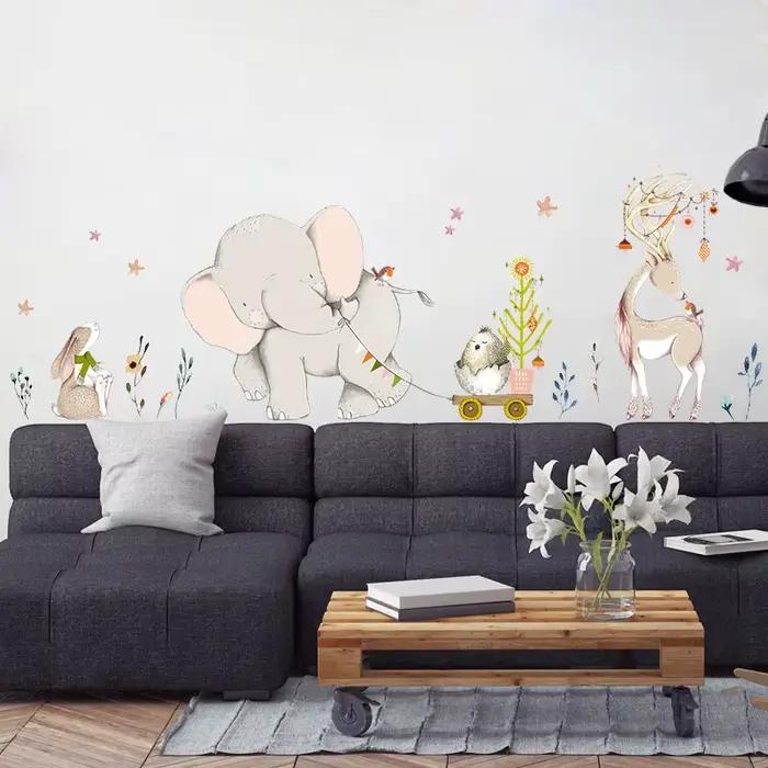 Autocollants muraux joyeux bébé éléphant lapin
