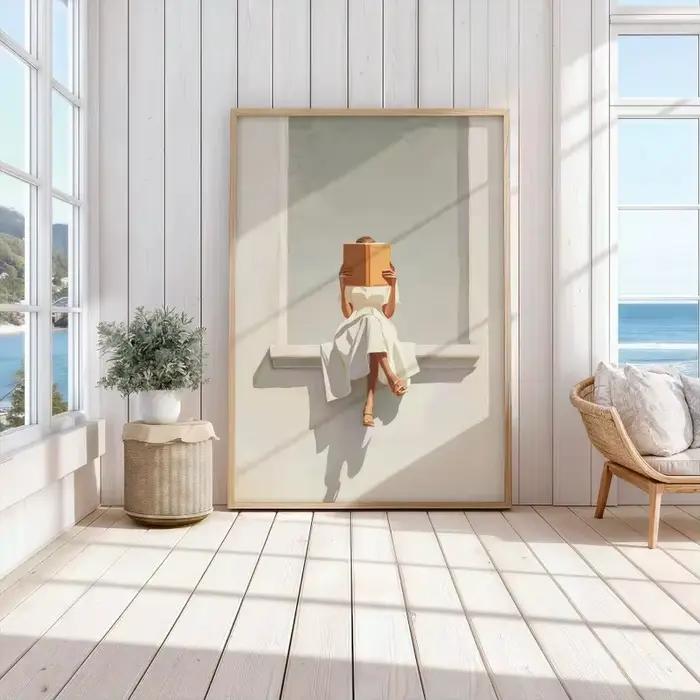 Impression sur toile d'une femme moderne lisant assise sur le mur de la fenêtre