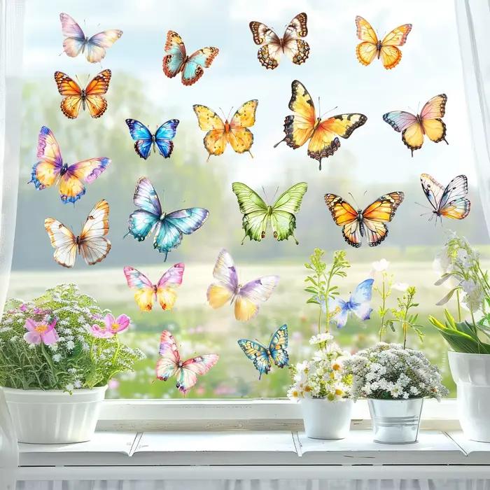 Autocollants de fenêtre Papillon Printanier - Décorations colorées double face amovibles et réutilisables anti-collision pour la maison