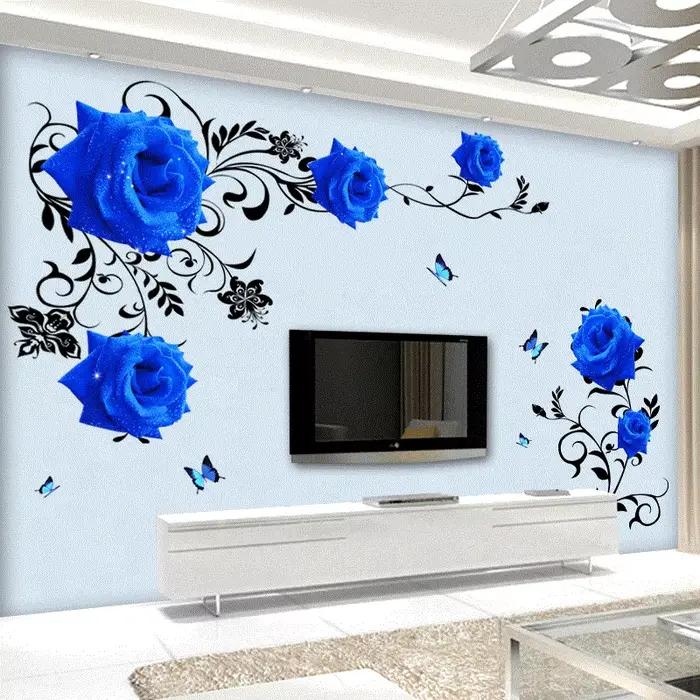 Autocollants muraux de fleurs de rose bleue de grande taille