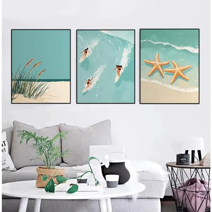 Affiche de paysage de voyage de ville de plages d'été, plage de mer, surf et natation, peinture sur toile, Art mural pour décoration de salon et de maison