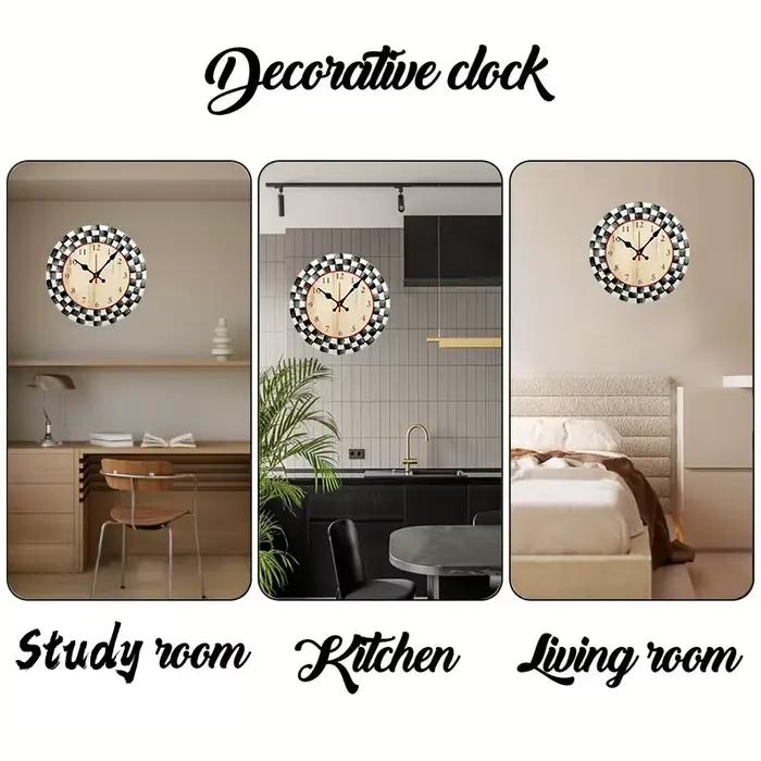 Horloge murale suspendue silencieuse ronde en bois à grille noire et blanche