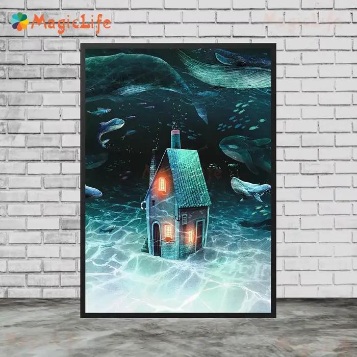 Affiches de lune de maison de paysage de nuit étoilée de dessin animé