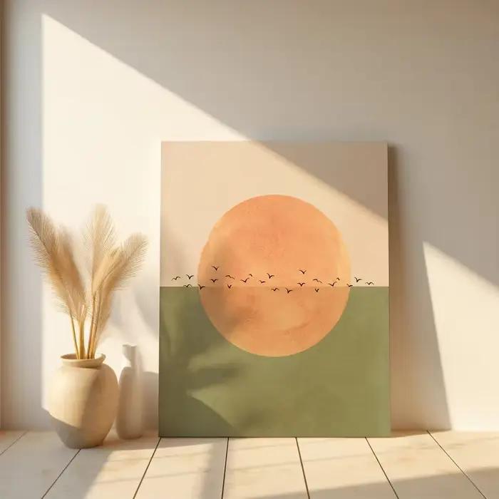 Toile imprimée de paysage de soleil et d'oiseau ascendant japonais
