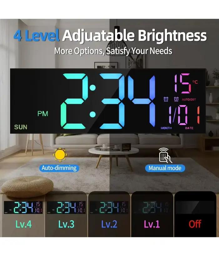 Grande horloge murale numérique 16.2 pouces, avec télécommande, grand LED/double alarme/8 couleurs rvb, réveil numérique, montre électronique