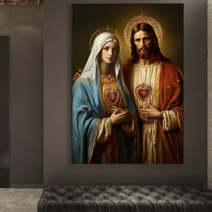 Peinture sur toile du Sacré-Cœur de Jésus et de la Vierge Marie