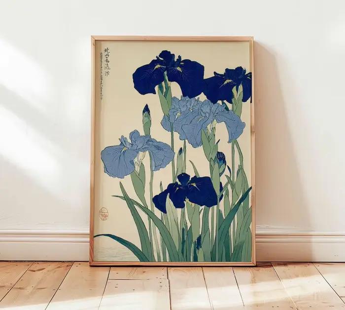Art mural élégant Ukiyo-E à l'iris bleu - Pour les passionnés de nature ou tout ceux qui aiment une décoration intemporelle et discrète