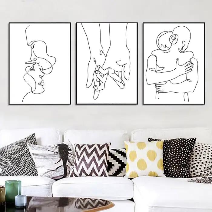 Dessin au trait Couple main amour baiser mur Art toile peinture nordique affiches et impressions minimaliste mur photos pour salon Roo