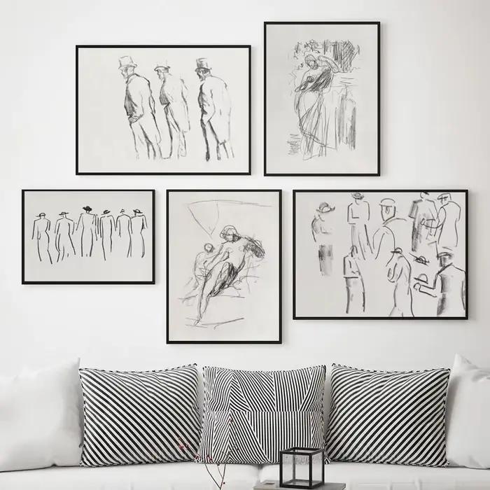 Peinture sur toile sans cadre pour la décoration murale de la maison, rétro, abstrait, simple, noir et blanc, stylo, crayon, ligne, personnes, affiche, art, impression