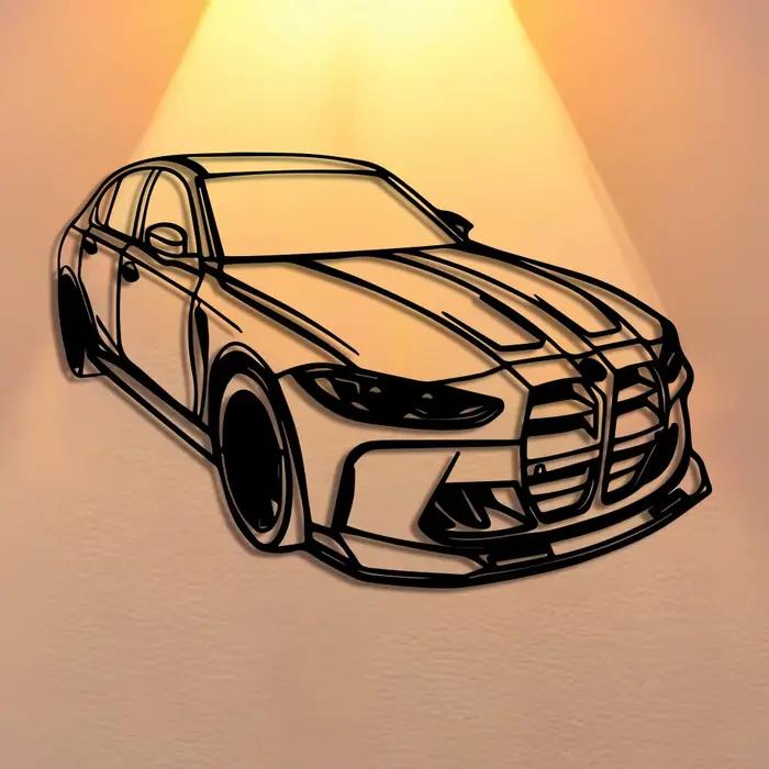 Décoration murale en métal de voiture de luxe moderne - Design élégant en fer noir avec accents rouges