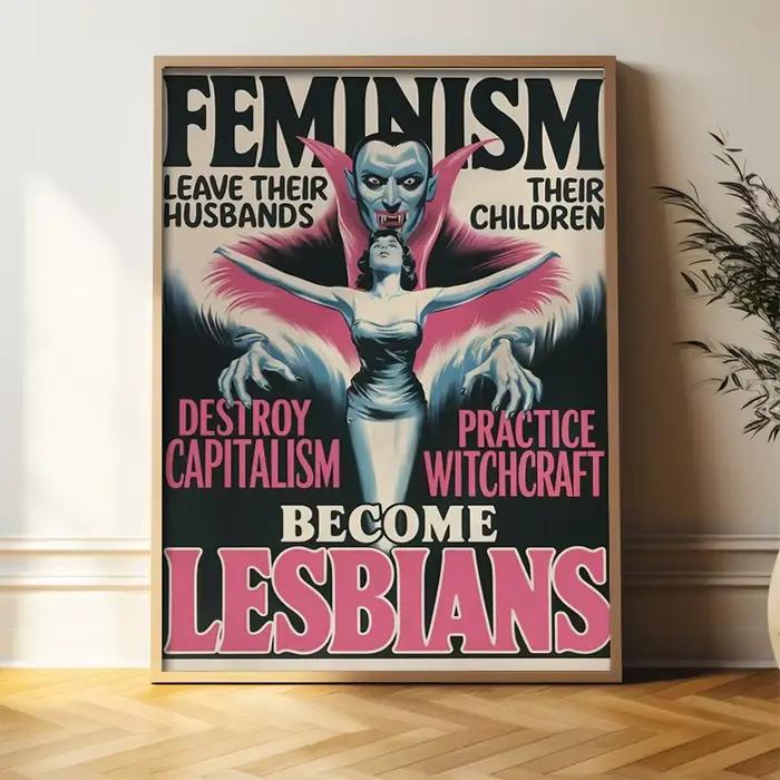 Affiche en toile de style bande dessinée féministe rétro – "Lesbianisme contre. Sorcellerie"