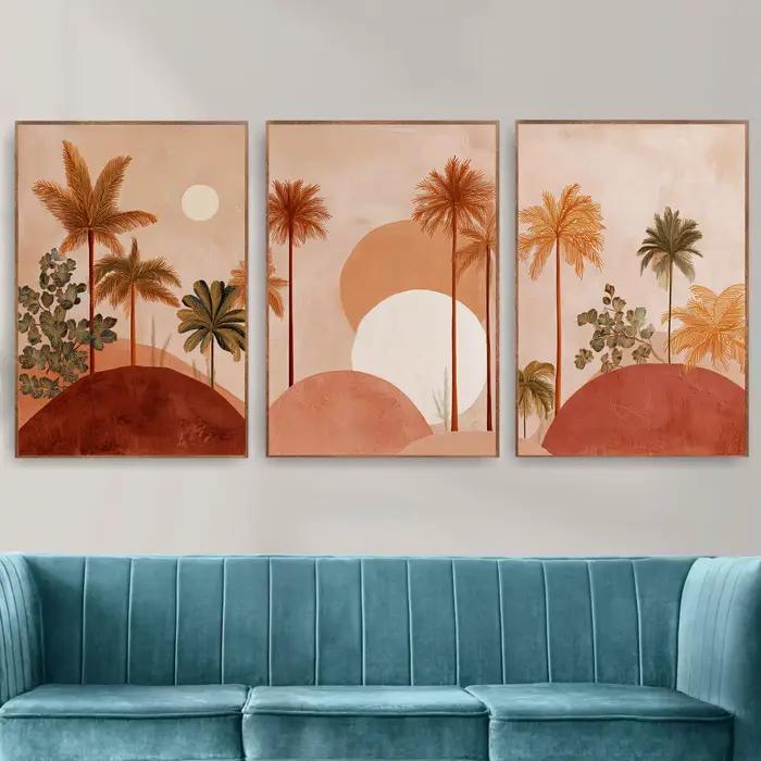 Ensemble d'art mural Boho en terre cuite avec palmiers, impressions sur toile abstraites de coucher de soleil tropical et désertique, décoration intérieure chaleureuse et terreuse, et cadeaux parfaits