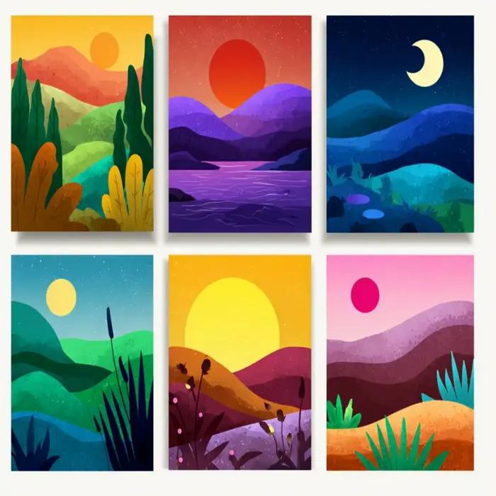 6 groupes de tableaux de paysages de coucher de soleil en montagne