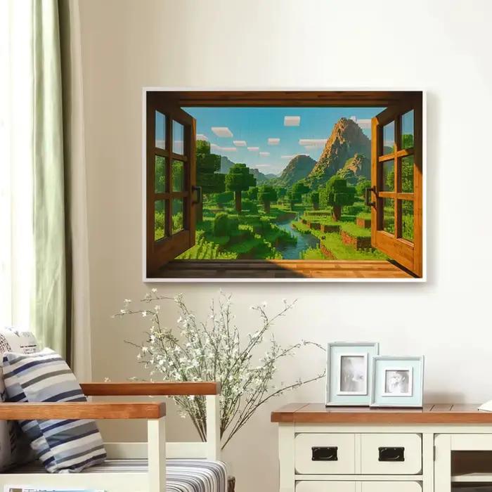 Affiche de jeu vidéo avec vue de fenêtre Steve, Pixel World Sandbox, peinture sur toile, images d'art murales, décor de salle de jeu pour la maison