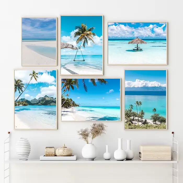 Affiche de paysage marin nordique moderne bleu ciel mer plage océan vue toile peinture impression mur Art photos pour salon décor à la maison