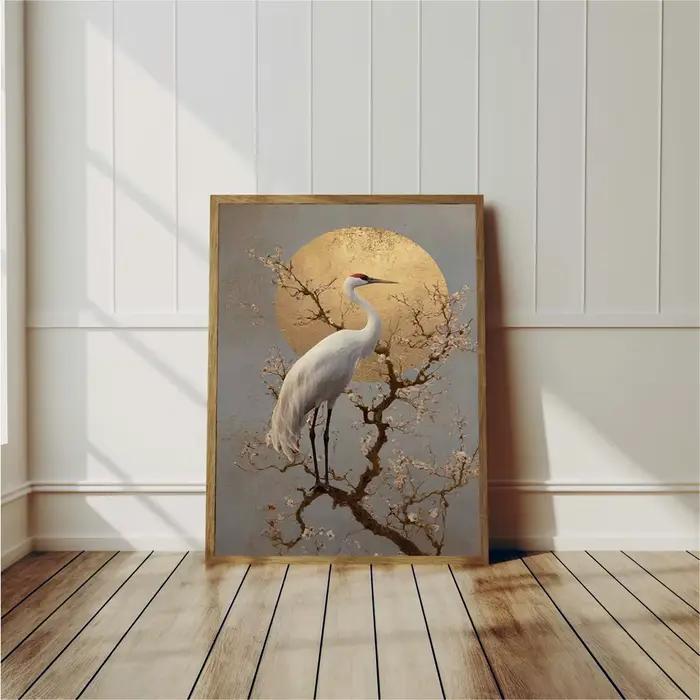 Affiche style feuille d'or Grue Orientale