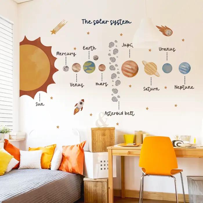 Autocollant mural éducatif de l'espace du système solaire, autocollant en vinyle pour chambre d'enfant, chambre de garçon, compte à rebours, salle de jeux, décoration de salon et de maison