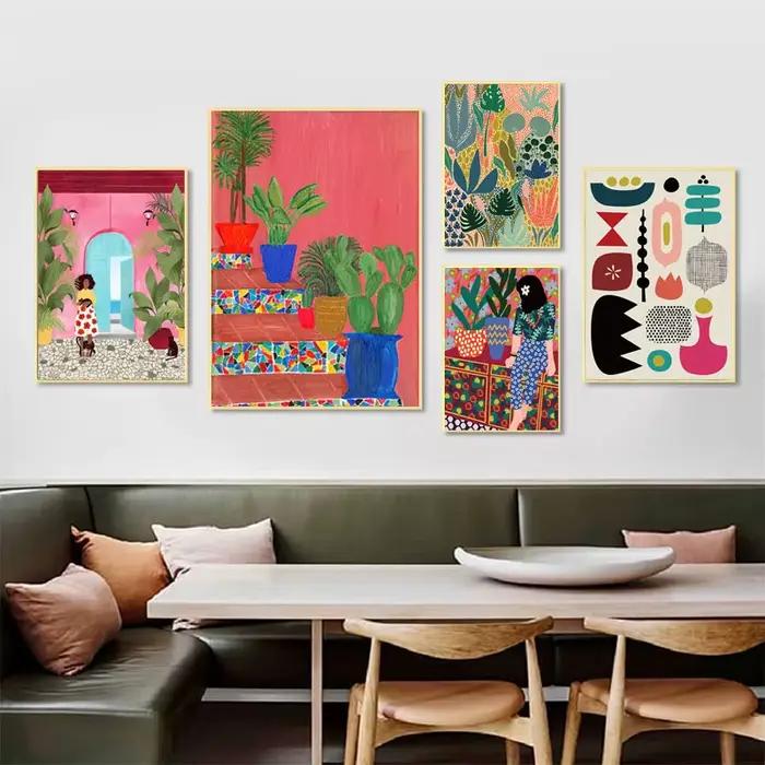Toile d'art mural avec plantes de jardin abstraites multicolores modernes