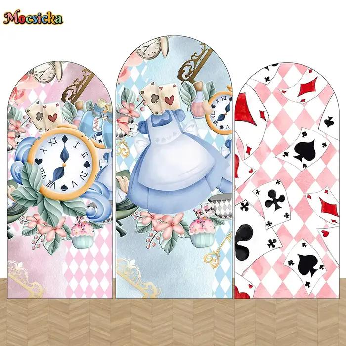 Mocsicka-Toile de fond de couverture arquée Alice au pays des merveilles pour fille, fond rose fleur, cabine double face, horloge d'anniversaire et de thé