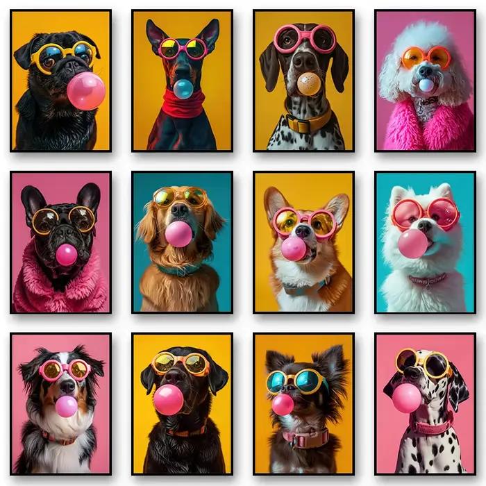 Animaux imprimés drôles chien coloré Bubblegum lunettes de soleil affiche Samoyède bouledogue français toile peinture mur Art photo décor à la maison
