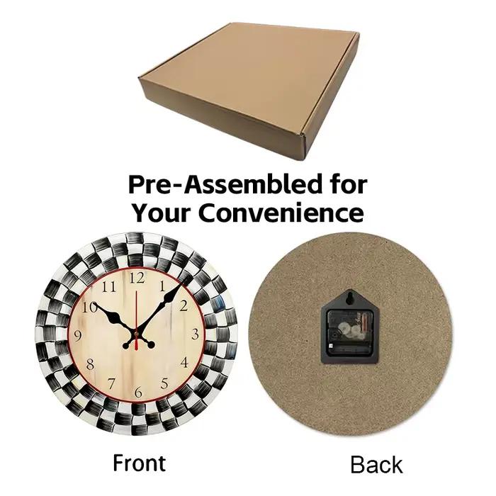Horloge murale suspendue silencieuse ronde en bois à grille noire et blanche