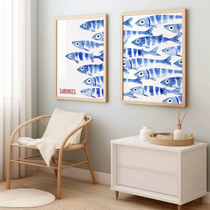 Affiche en toile de sardine bleue rétro