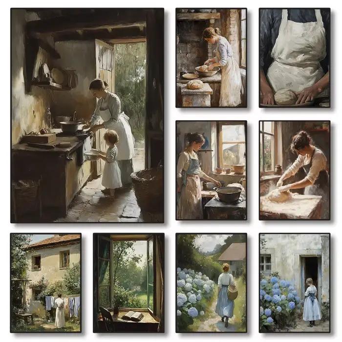 Cuisine française femme cuisson pain bleu hortensia pays paysage Vintage peinture toile affiche mur Art photos maison déco