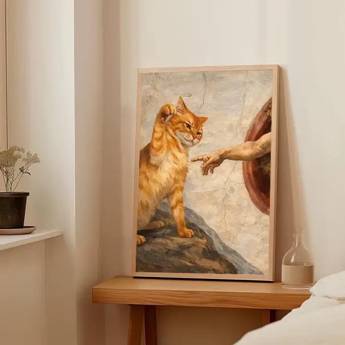 Impression murale drôle de la création d'Adam avec un chat orange