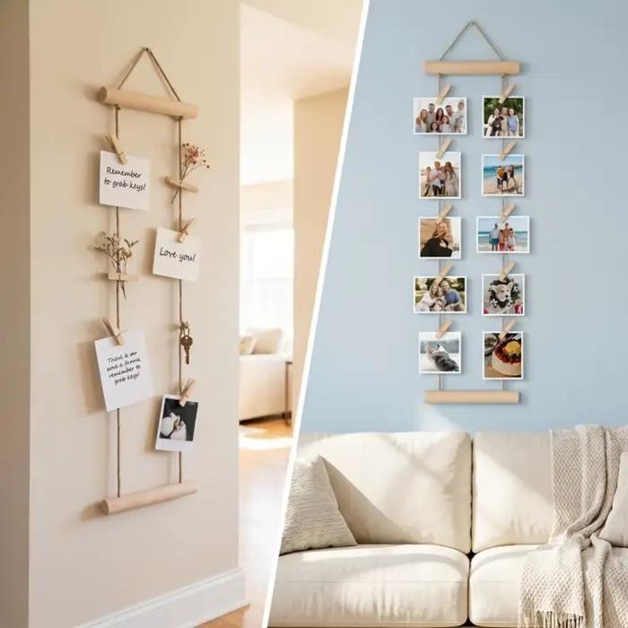 Photos en bois suspendues au mur avec pinces à corde