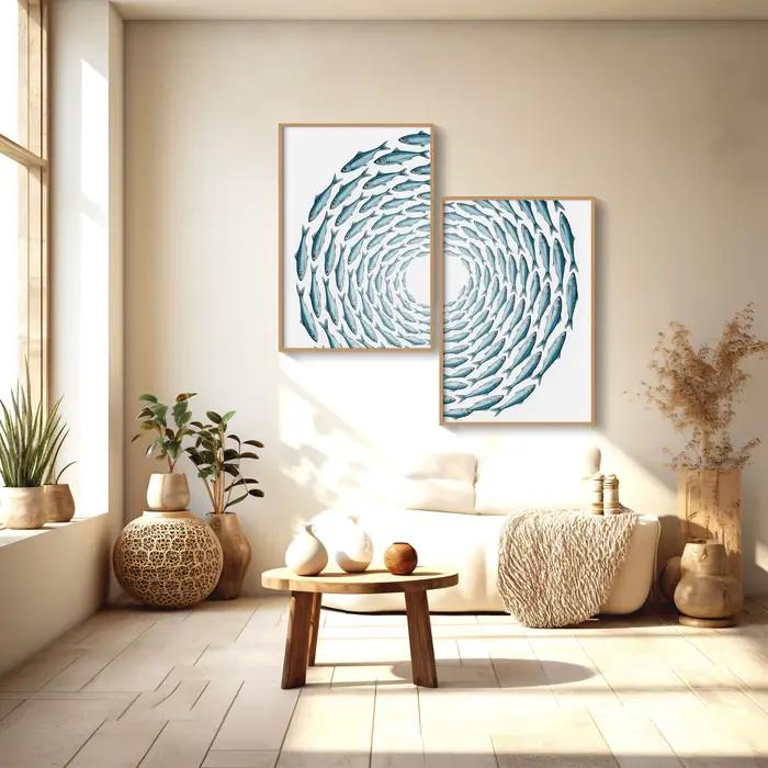 Lot de 2 affiches murales minimalistes d'été sur le thème des sardines