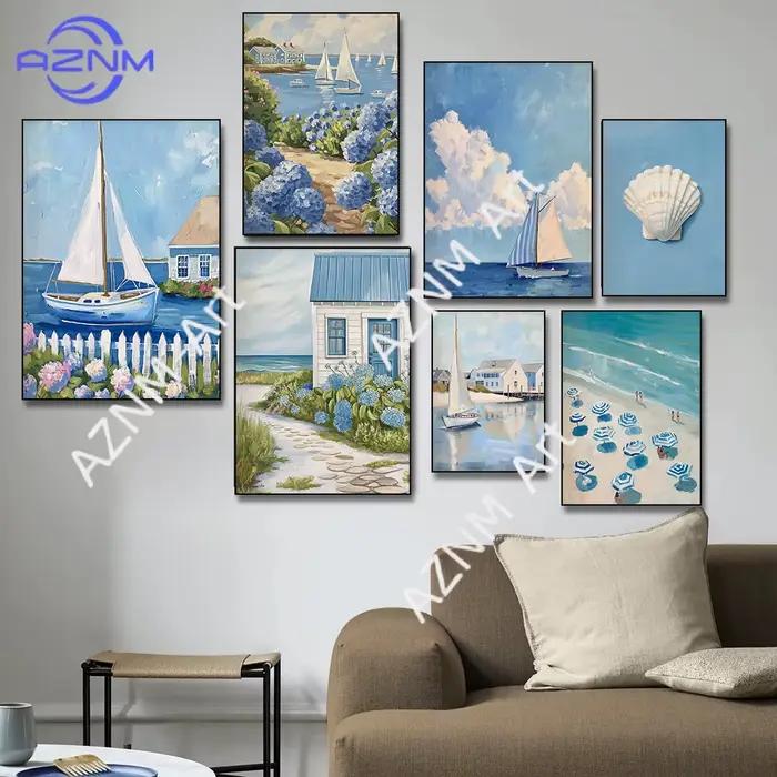 Affiches et impressions vintage bleues de bateaux à voile