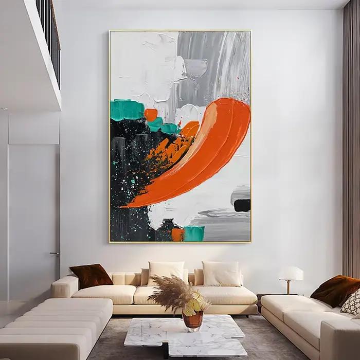 Grande peinture à l'huile abstraite orange peinte à la main