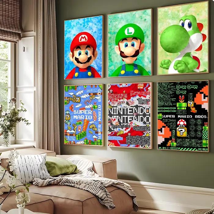 Affiche d'art auto-adhésive Super Mario Bros, autocollant mural fantaisie pour décoration de salon et de Bar, peinture décorative Vintage