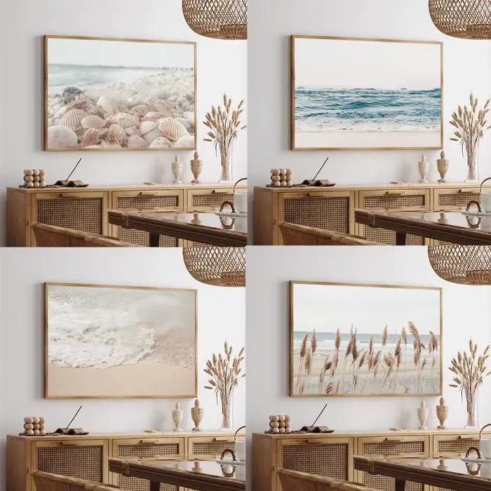 Coquillage plage doux bleu océan herbe minimal côtier affiche toile peinture impression neutre mur Art chambre décor à la maison