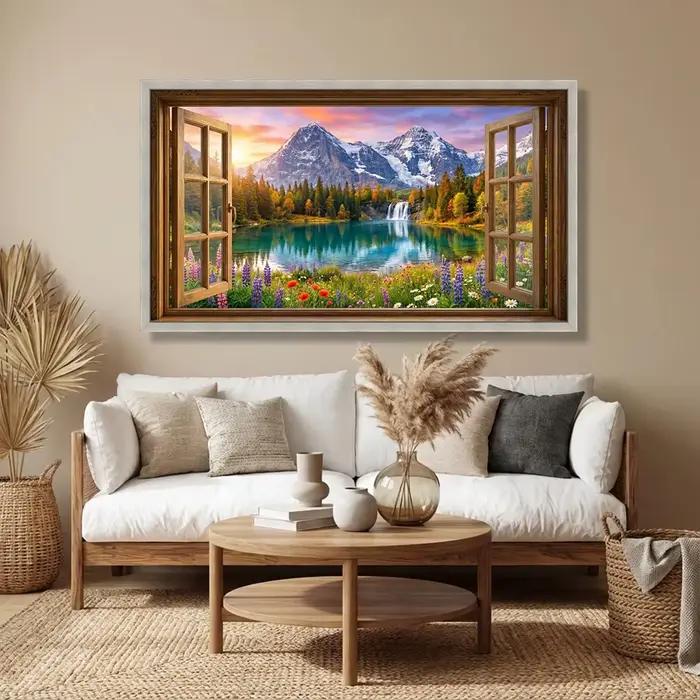 Vue sur le lac de montagne depuis une fenêtre ouverte, toile, art mural, cascade et fleurs sauvages, toile de paysage naturel pittoresque