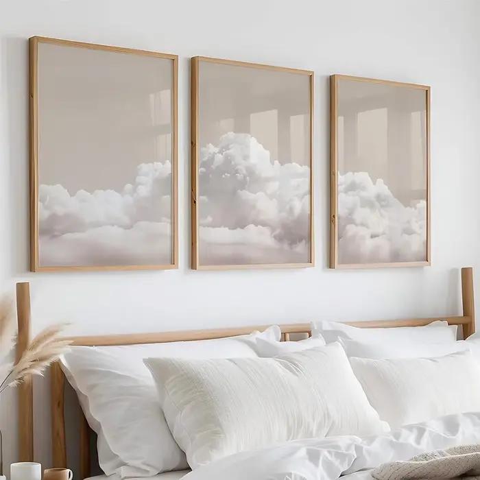 Ensemble de 3 tableaux muraux nuages beiges, affiches nuages blancs, impressions minimalistes ciel, décorations murales modernes pour la maison, peintures sur toile pour la décoration de chambre