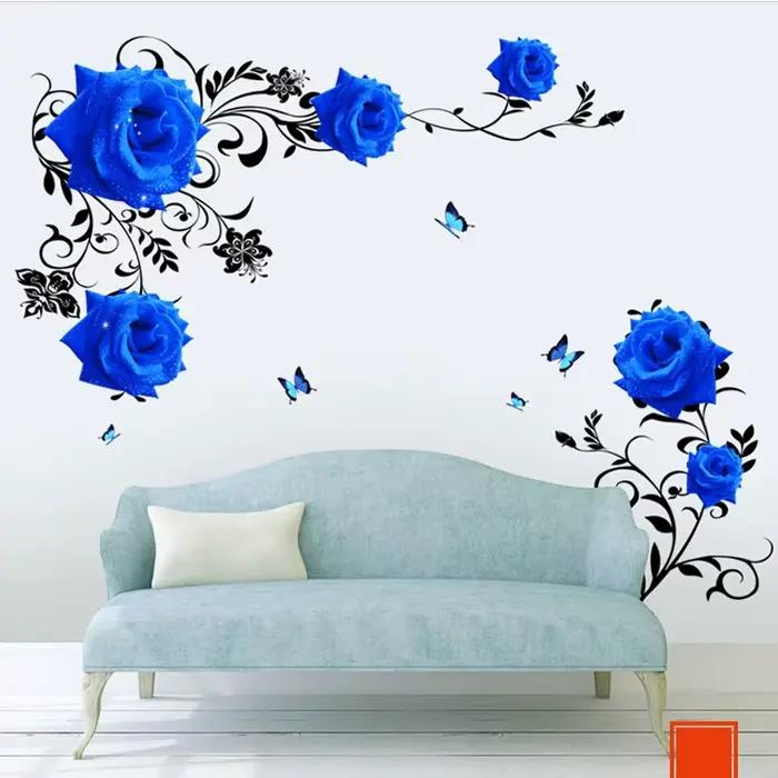 Autocollants muraux de fleurs de rose bleue de grande taille