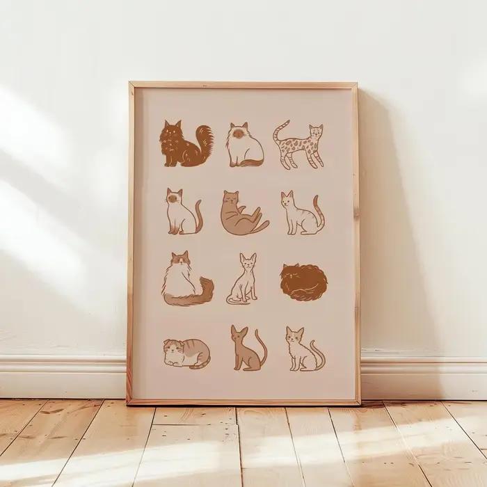 Décoration murale minimaliste avec tableau des races de chats bleus - Illustration élégante en art linéaire mettant en