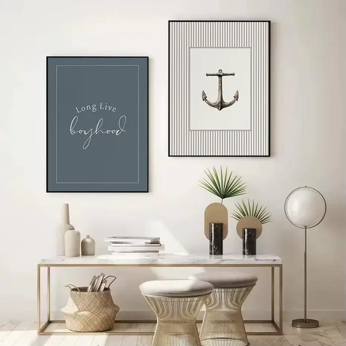 Affiche de paysage marin de mouette d'ancre de phare côtier nautique d'aquarelle