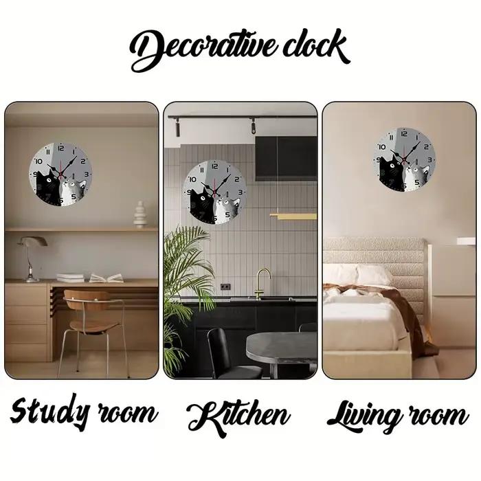 Horloge murale suspendue silencieuse ronde en bois avec chats noirs et blancs