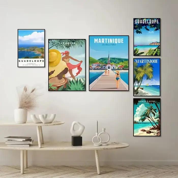Affiche de voyage Guadeloupe Plages Mer des Caraïbes Martinique Indies Occidentales Vacances Art