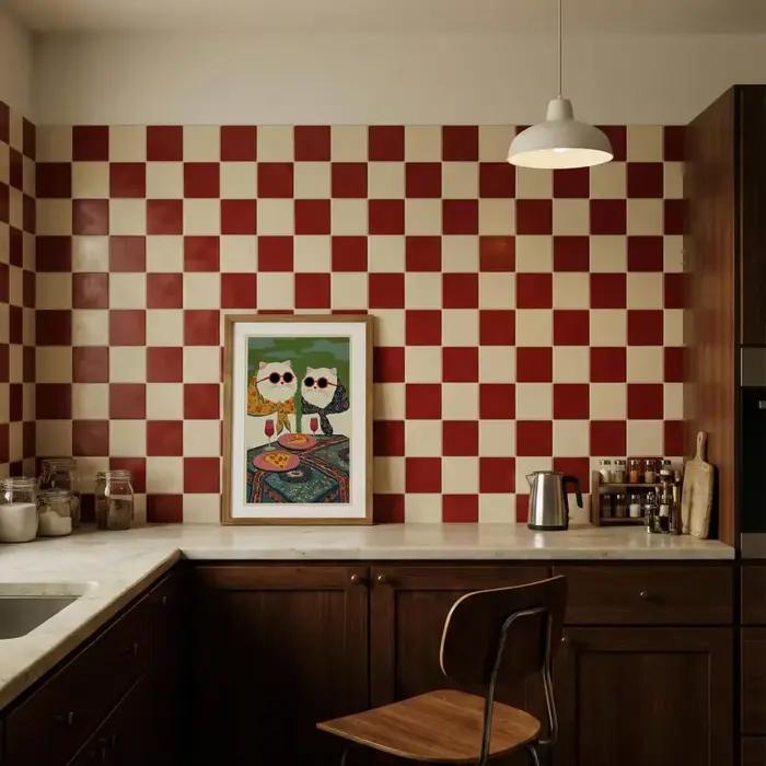 Art mural chic sur le thème de la pizza et du vin - Impression élégante célébrant l'amitié féline. Le fond vert audacieux et la nappe vibrante créent une ambiance festive