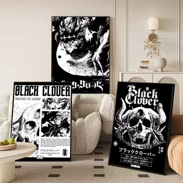 B-B-Black Anime Clover Poster Aesthetic HD PVC Wall Art - Imperméable et réutilisable pour la maison