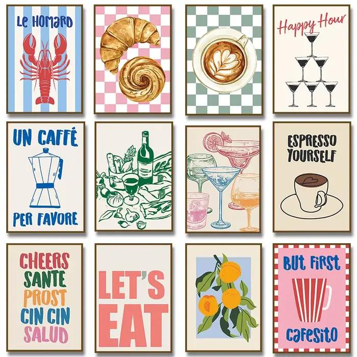 Affiche rétro café croissant cocktail Cheers Food and Clicks Fruit