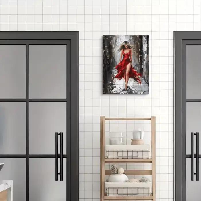Peinture sur toile de femme élégante en robe rouge