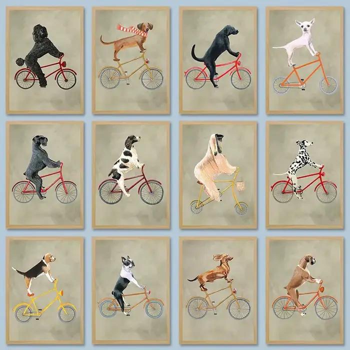 Affiches et impressions de chiens sur vélo, animaux drôles et mignons, peinture sur toile, art mural rétro nordique, décoration de la chambre et de la maison