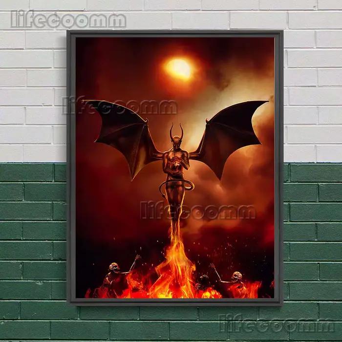 Toile d'art mural Vintage, l'ange déchu, Beelzebub et le crâne de démon, peinture d'ange du démon, affiche d'art et décor de dôme imprimé